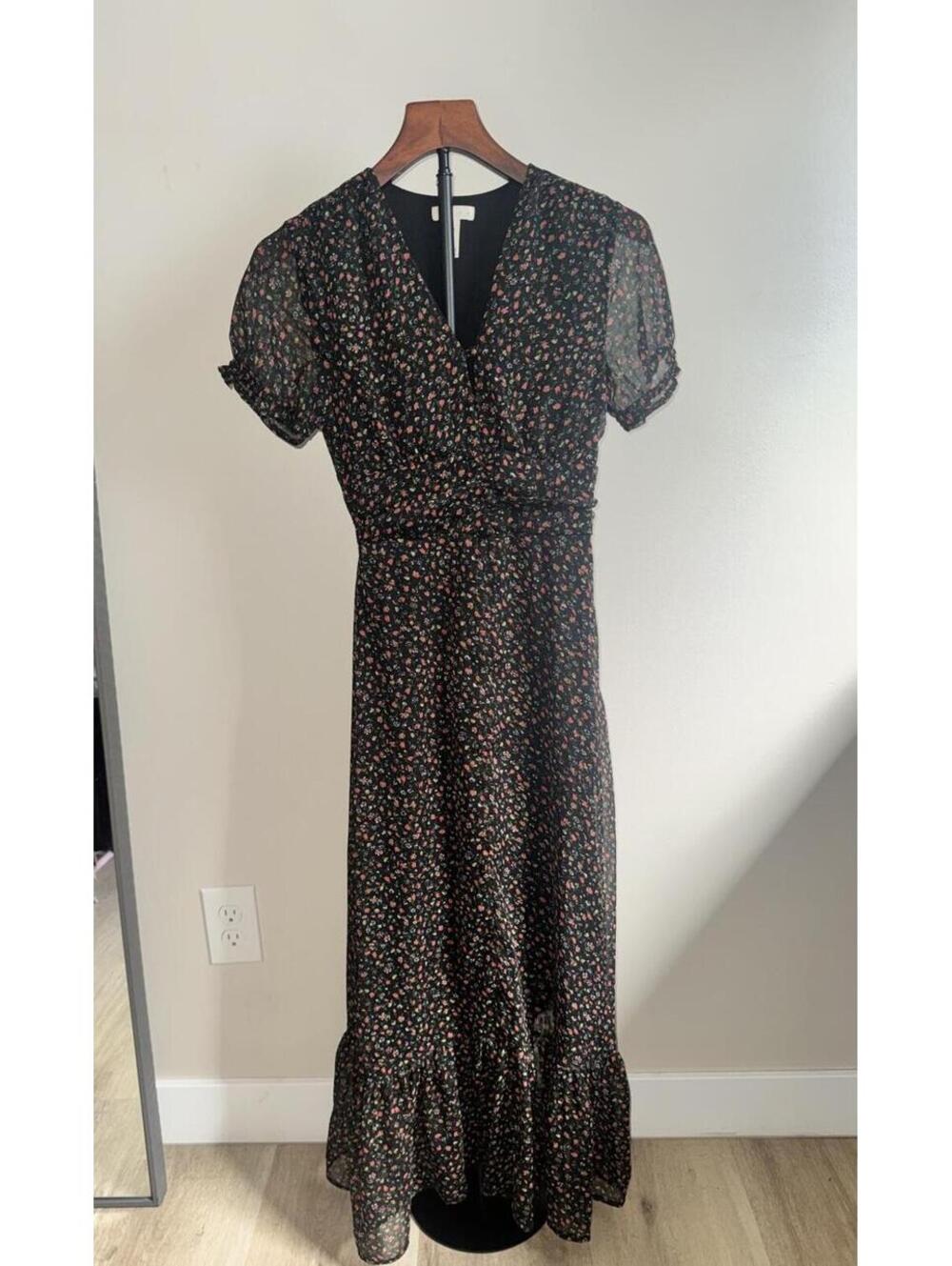 Leith Black Floral Midi Dress Puff Sleeve Wrap Style Cottagecore Size XXS